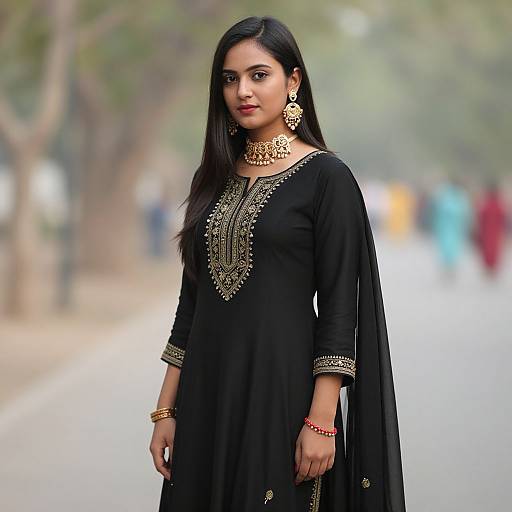Photograph of a young South Asian woman with long black hair, wearing a black embroidered kurta, gold jewelry, and red bangles, standing on