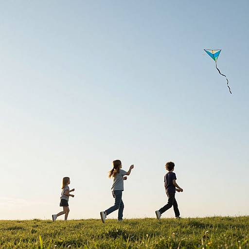 Children Flying Kite on Grassy Hill
