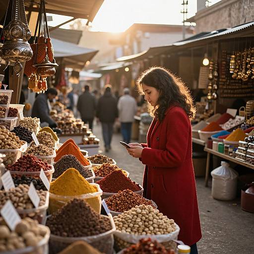 Photograph of a woman with wavy brown hair in a red coat, browsing colorful spice stalls at a bustling, sunlit market.