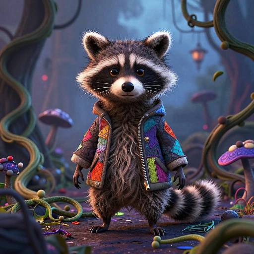 Digital art of an anthropomorphic raccoon in a colorful jacket standing in a mystical, glowing forest with mushrooms and vines.