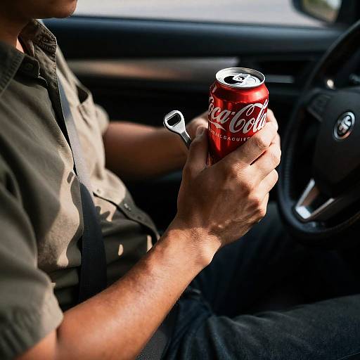 Man in Car with Coca-Cola and Can Opener