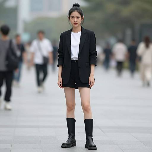 Photograph of an East Asian woman with black hair in a bun, wearing a black blazer, white shirt, black shorts, and black boots,