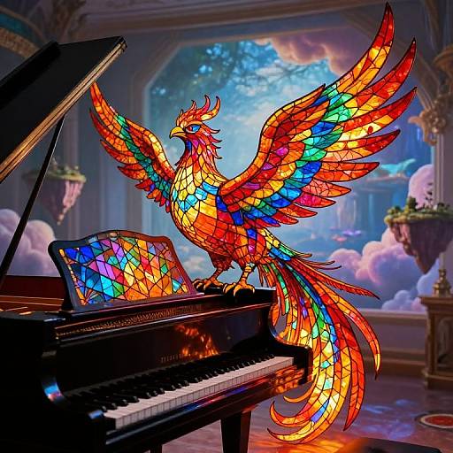 Vibrant stained glass phoenix perched on a grand piano, wings spread, colorful feathers glowing, in a dreamy, sunlit room. Digital
