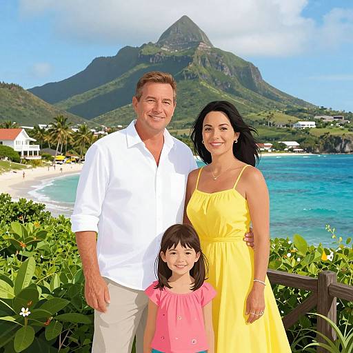 Photograph of a smiling family: a man in a white shirt, a woman in a yellow dress, and a girl in a pink dress, standing