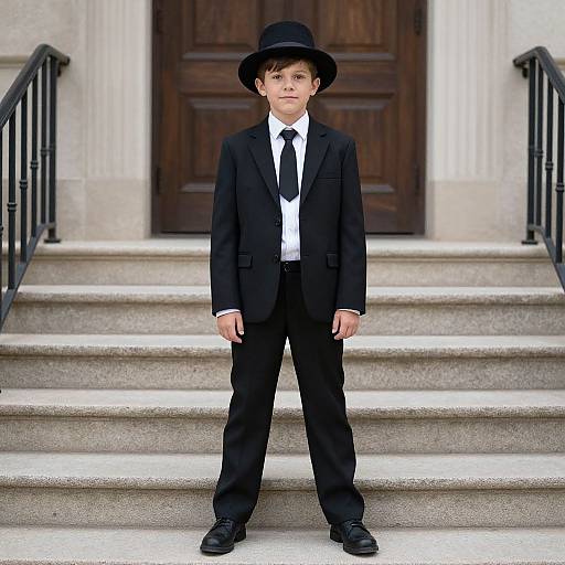 Photograph of a young boy in a black suit, tie, and hat, standing on stone steps in front of a wooden door.