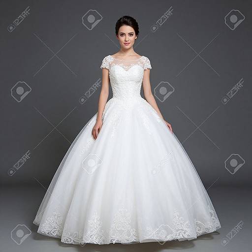 Photograph of a young woman with dark hair in a white lace wedding dress with a full skirt, standing against a dark gray background.
