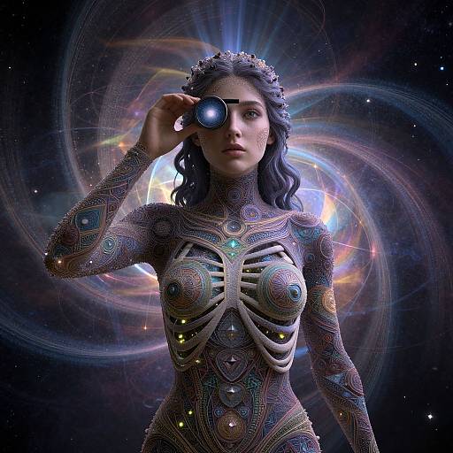 CGI image of a woman with a cosmic, glowing, patterned bodysuit, dark curly hair, wearing a headpiece, and holding a