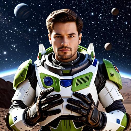 Male Astronaut in Green and White Power Armor Suit in Space