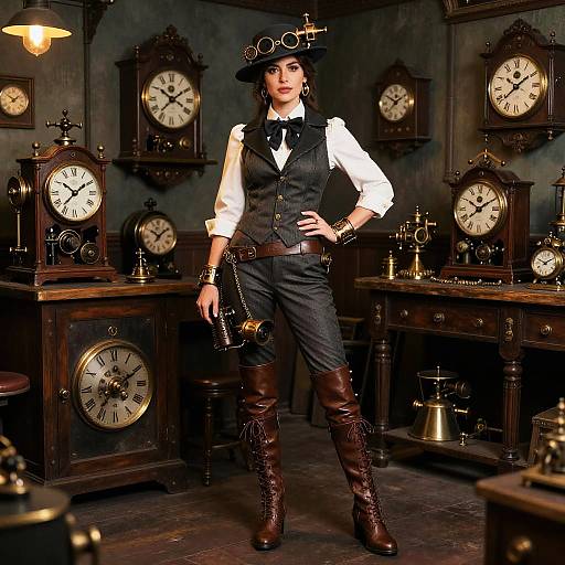 Steampunk woman in black vest, white shirt, brown boots, and hat stands confidently in a clock-filled, dimly lit, vintage office.