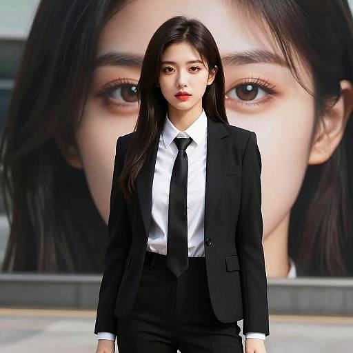 Photograph of an Asian woman with long black hair, wearing a black suit, white shirt, and black tie, standing in front of a large,