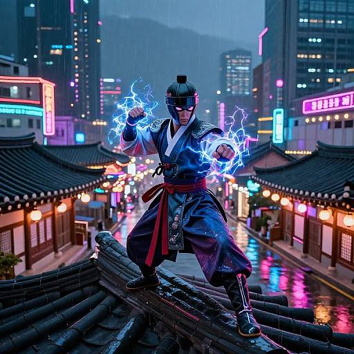 Futuristic Murim Cityscape with Martial Artist