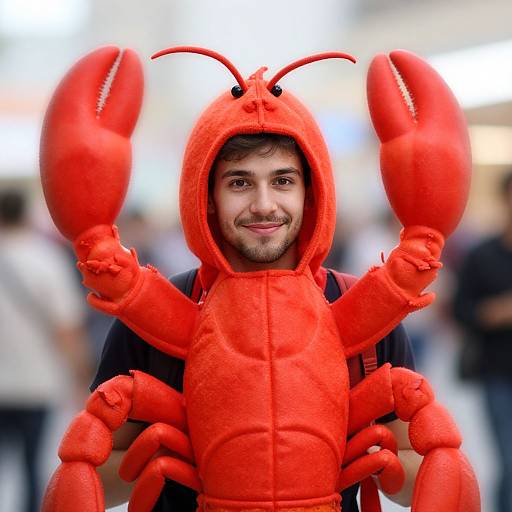 Photograph of a smiling man in a bright red lobster costume with large claws, standing in a blurred outdoor crowd.