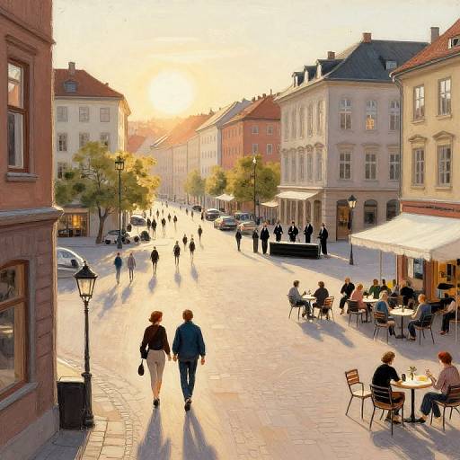 Sunrise City Square with Walking Couple