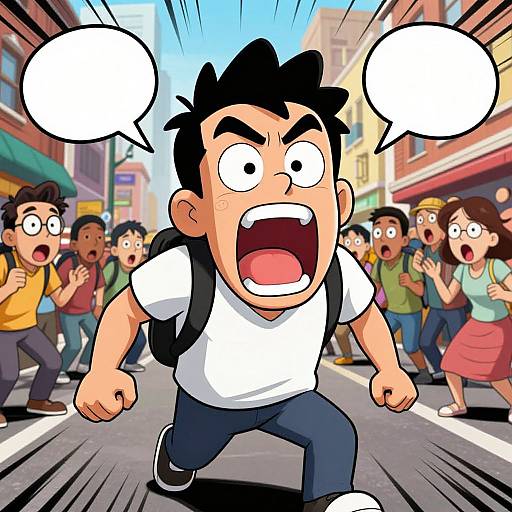 Cartoon-style image of a shocked, yelling boy in a white shirt and backpack, running down a busy city street with speech bubbles, surrounded by surprised