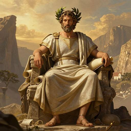 Digital artwork of a bearded, muscular man with a laurel wreath, wearing a white toga with gold trim, sitting on a stone throne