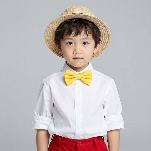 Photograph of an Asian toddler with black hair, wearing a straw hat, white shirt, yellow bowtie, and red pants, against a plain light