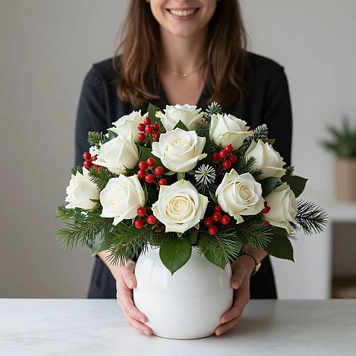 Photograph of a smiling woman in a black blouse, holding a white vase with white roses, red berries, and green foliage.