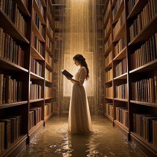 Silhouetted woman in long white dress, reading book, stands in flooded library aisle with water droplets, illuminated from above. Photorealistic