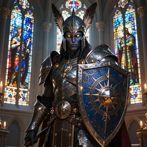 Digital artwork of a dark blue-skinned, glowing-eyed armored warrior with feathered helmet, holding a star-embossed shield, in a Gothic cathedral