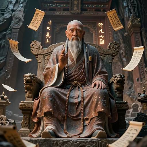 Digital art of an elderly Asian sage with a long white beard, wearing a patterned robe, sitting on an ornate wooden throne, surrounded by floating