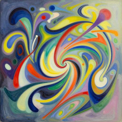Abstract painting with vibrant swirls of yellow, red, blue, green, and black on a dark gray background, featuring dynamic, fluid lines and colorful