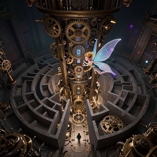Steampunk fantasy scene: glowing blue fairy with iridescent wings perched on towering, intricate golden clockwork machinery, viewed from above, with