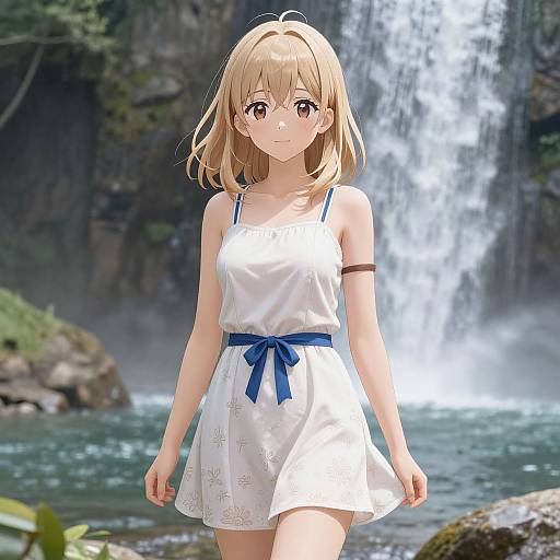 Anime-style digital illustration of a blonde girl with brown eyes, wearing a white dress with blue ribbon, standing in front of a waterfall in a lush,