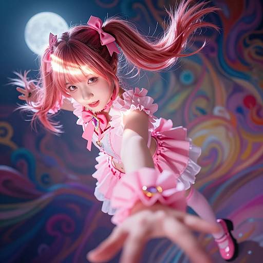 Anime-style digital artwork of a cute girl with pink twin-tails, wearing a frilled pink dress, reaching forward under a glowing moonlit night with