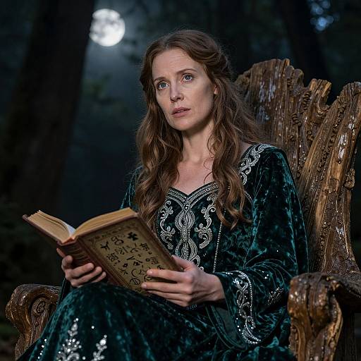 Photograph of a fair-skinned, red-haired woman in a dark green, intricately embroidered medieval dress, reading an ornate book on a carved