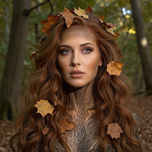 Photograph of a fair-skinned woman with long, wavy auburn hair, adorned with autumn leaves, intricate facial tattoos, and forest background