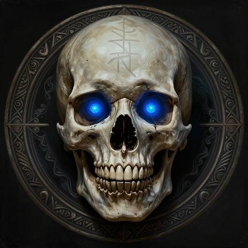 Photorealistic digital artwork of a glowing blue-eyed skull with intricate circular pattern background, featuring a mysterious white symbol on the forehead.