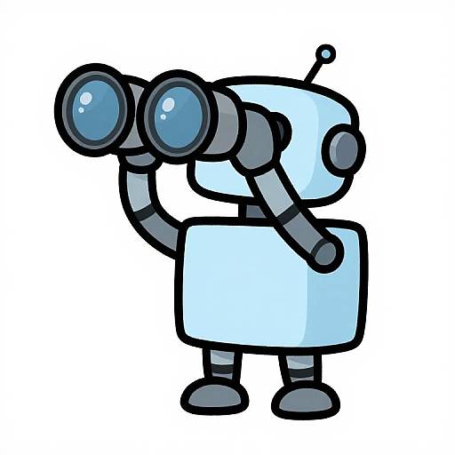Cartoon-style, blue and gray robot with large binoculars, black outline, and simple design, standing on white background, looking through binocular