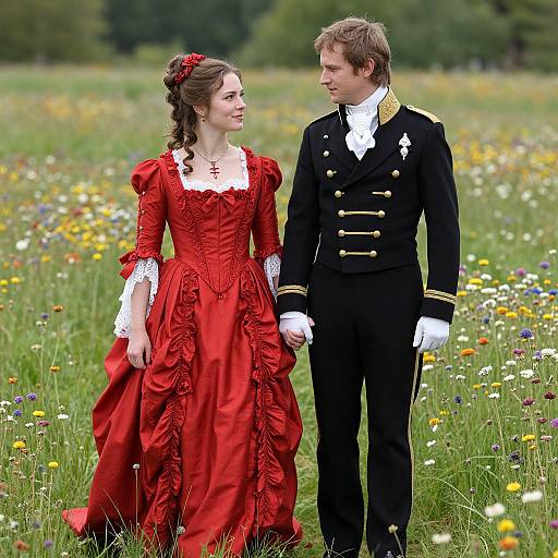 Elegant Period Couple in Wildflower Field