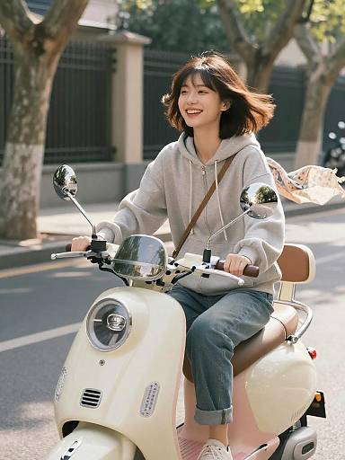 Smiling Woman on Vintage Pastel Scooter