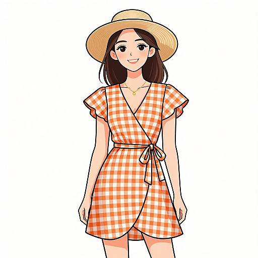Smiling Woman in Gingham Wrap Dress