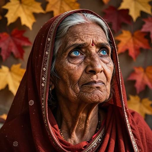 Photograph of an elderly Indian woman with deep wrinkles, bright blue eyes, gray hair, and a maroon saree adorned with gold embroidery, set