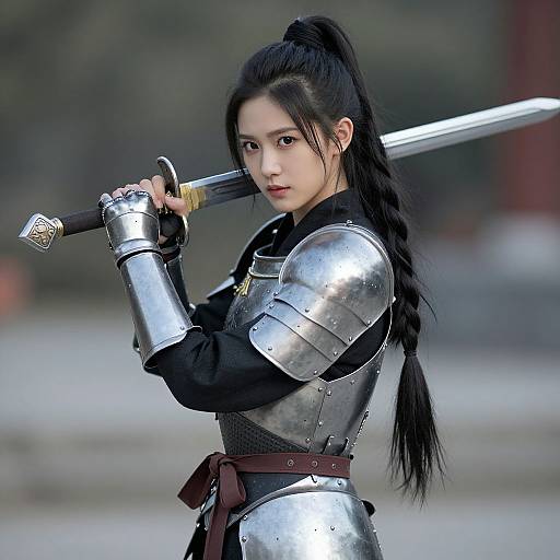 Photograph of an East Asian woman with long black hair in a ponytail, wearing silver samurai armor and holding a sword, poised for battle in