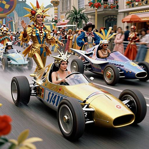 Photograph of a vibrant parade featuring a woman in a gold, sun-crown headdress driving a gold race car, surrounded by colorful costumes and spectators