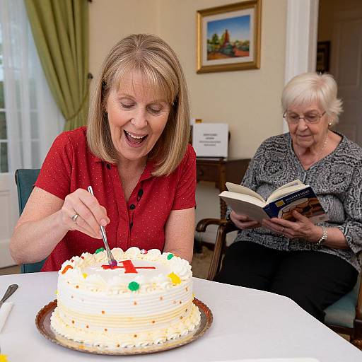 Photograph of two elderly women; one with blonde bob, red shirt, joyfully cutting a decorated birthday cake, the other with white hair, gray