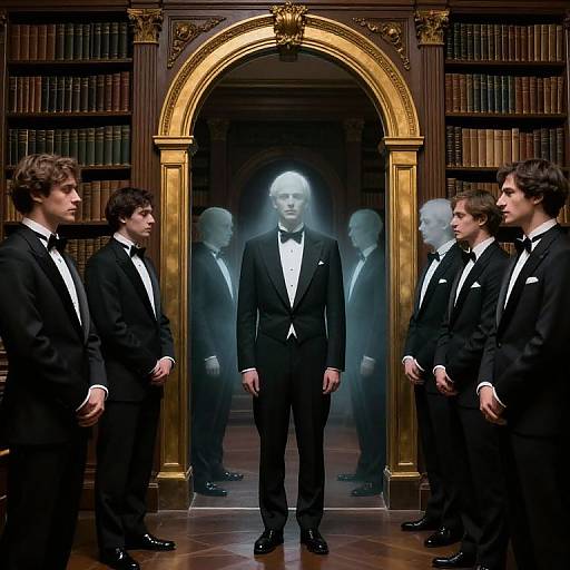 Photograph of five men in black tuxedos, standing in a dimly lit, elegant library with golden archway, central man foggy