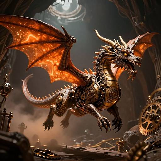 Digital artwork of a fiery, mechanical dragon with glowing orange wings and sharp horns, roaring in a dark, steampunk cave.