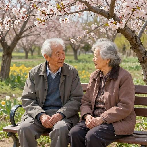 Elderly Friends in Blooming Garden