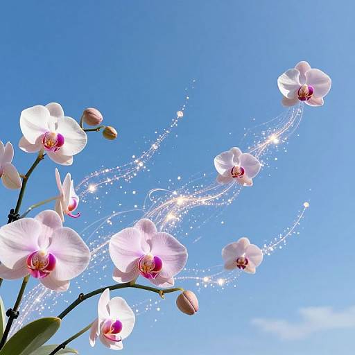 Photograph of white orchids with pink centers, sparkling light trails against a clear blue sky, featuring blooming flowers and buds.