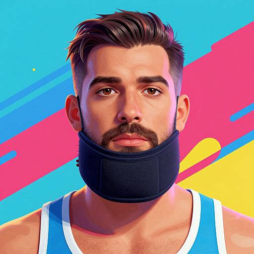 Digital portrait of a bearded man with dark hair, wearing a black mask, white tank top, against a colorful geometric background.