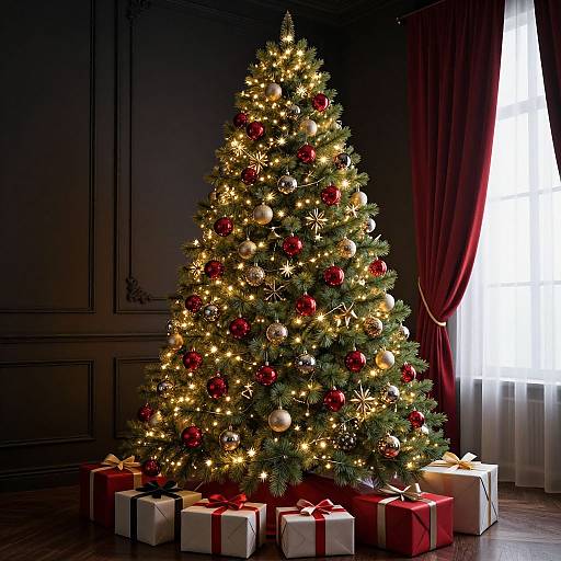 Photograph of a beautifully decorated Christmas tree with red and gold ornaments, surrounded by glowing lights and wrapped gifts, in front of a dark room with red