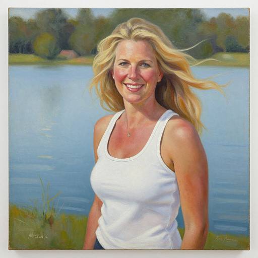 Photorealistic painting of a smiling blonde woman with flowing hair, wearing a white tank top, standing by a blue lake with trees in the background.