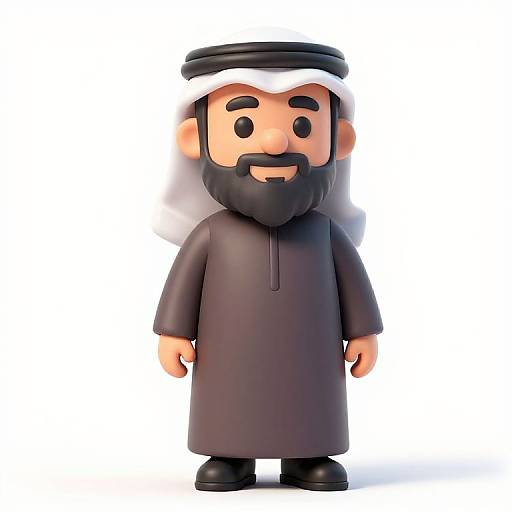 CGI 3D cartoon of a smiling Middle Eastern man with a black beard, white and black headscarf, black robe, and black shoes