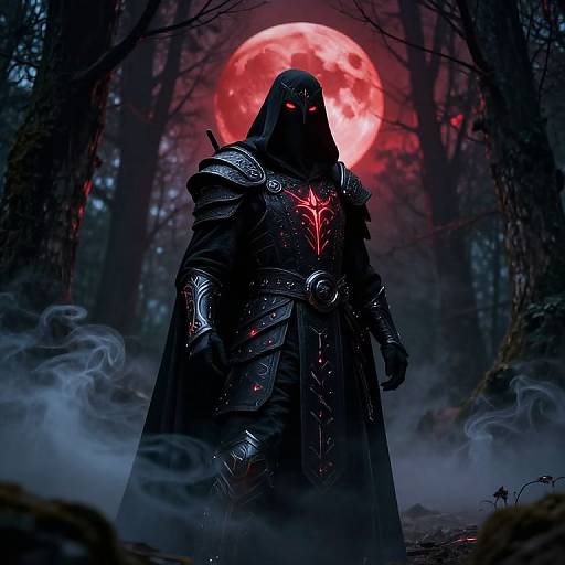 Dark knight in glowing red armor and hood, with eerie red eyes, stands in foggy forest under a large red moon. Digital fantasy art.