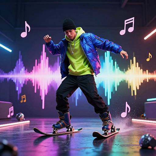 Photograph of a young man snowboarding, wearing a blue puffer jacket, neon green hoodie, black beanie, and black pants, in a