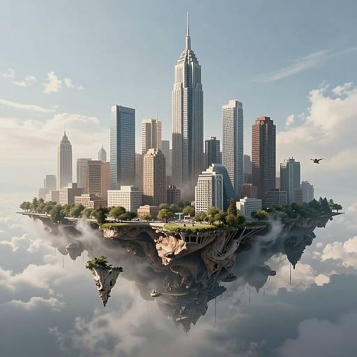 Photorealistic CGI of a floating cityscape with skyscrapers, including the Empire State Building, above cloudy skies and rocky islands.